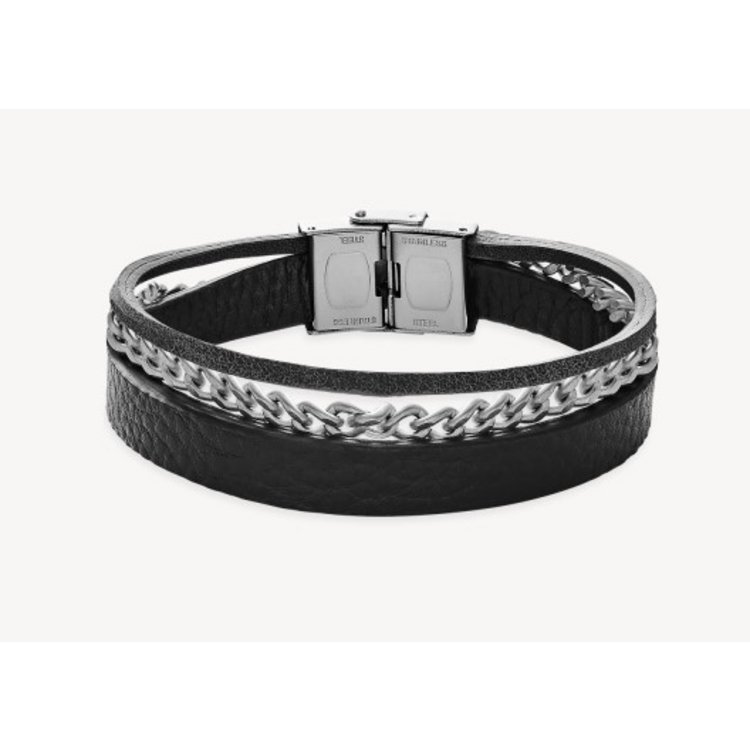 Armband - Stahl Leder schwarz - 3 reihig