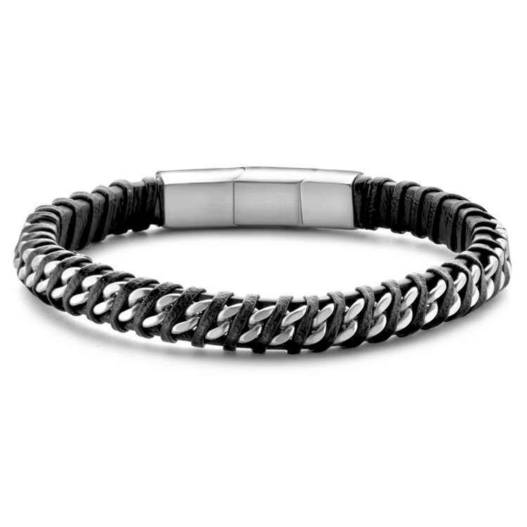 Armband - Stahl Leder schwarz - geflochten