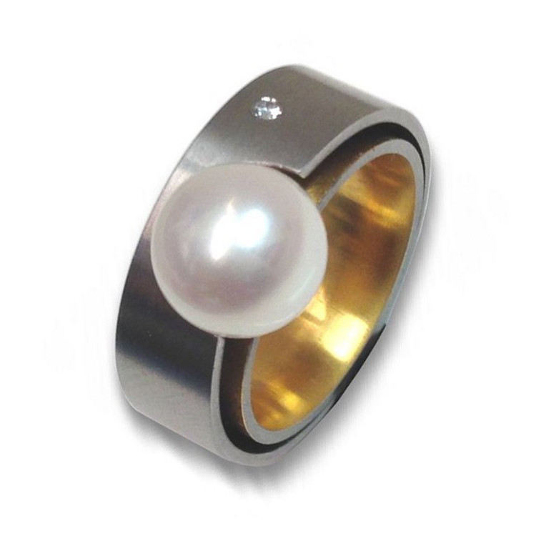 Ring 63 - bicolor - Edelstahl Brillant Zuchtperle
