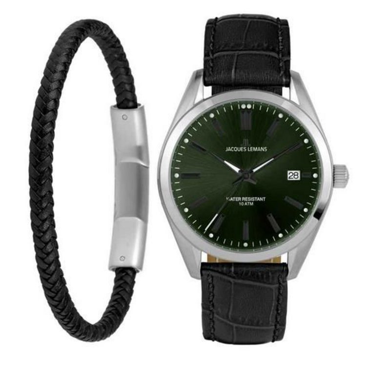Uhr -Set - Derby 43mm - dunkelgrün - Armband Leder