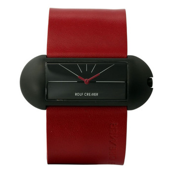 Uhr -  Long Long - Stahl schwarz  -Leder rot