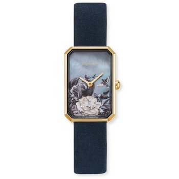 Uhr - Stahl eckig gold - Blume - Lederband blau